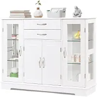 Costway Küchenschrank Sideboard Beistellschrank mit gehärteten Glastüren und Schubladen Weiß