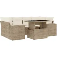 vidaXL 7-tlg. Garten-Sofagarnitur mit Kissen Beige Poly Rattan