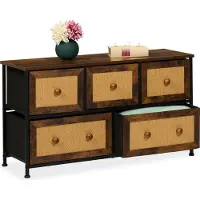 Relaxdays Kommode, 5 Schubladen, Rattanoptik, Flur, Schlafzimmer, HBT 54,5x100x32,5 cm, Sideboard, Metall, braun/schwarz