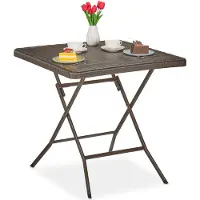 Relaxdays Gartentisch Holz-Optik, quadratisch, HBT: 74x78x78 cm, Balkontisch, Kunststoff, Metall, Outdoortisch, braun