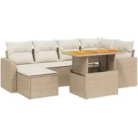 vidaXL 7-tlg. Garten-Sofagarnitur mit Kissen Beige Poly Rattan