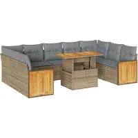 vidaXL 10-tlg. Garten-Sofagarnitur mit Kissen Beige Poly Rattan Akazie