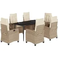 vidaXL 7-tlg. Garten-Essgruppe mit Kissen Beige Poly Rattan