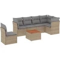 vidaXL 7-tlg. Garten-Sofagarnitur mit Kissen Beige Poly Rattan