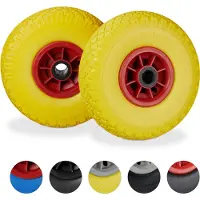 Relaxdays Sackkarrenrad 2er Set, pannensichere 3.00-4" Vollgummireifen, 25 mm Achse, bis 80 kg, 260x85 mm, gelb-rot