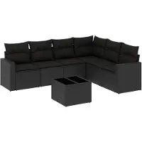 vidaXL 7-tlg. Garten-Sofagarnitur mit Kissen Schwarz Poly Rattan
