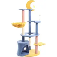 Fudajo Kratzbaum mit Mond und Sterne 132 cm hoch, Katzenkratzbaum in Blau/Gelb, Katzenbaum mit Katzenhaus und Liegemulde, Katzenmöbel mit Spielbälle