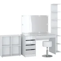 Vicco Schminktisch Sherry Weiß 5 Teile, mit Aufbewahrungsregal, Standregal, Spiegel, Hocker, LED, Model 41637