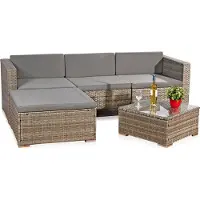 Melko Polyrattan Lounge Sitzgruppe 5-teilig Ecksofa, Tisch & Ottomane, Braun