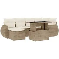 vidaXL 7-tlg. Garten-Sofagarnitur mit Kissen Beige Poly Rattan