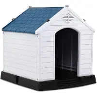 Costway Hundehütte Kunststoff Hundehaus Plastik für Garten, Drinnen und Draußen, Hundehöhle mit Erhöhtem Boden, Hundekisten blau und weiß