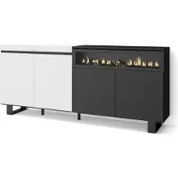 Skraut Home Sideboard, Highboard, 200x35x87cm, 4 Türen, Elektrokamin. Industriedesign, Weiß und Schwarz