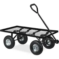 Relaxdays Handwagen flach, Garten, mit Luftbereifung, HxBxT: 34,5 x 51 x 96 cm, bis 200 kg, Stahl Bollerwagen, schwarz