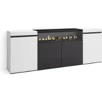 Skraut Home Sideboard, Highboard, 200x35x75cm, 4 Türen, Elektrokamin. Weiß und Schwarz