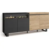 Skraut Home Sideboard, Highboard, 200x35x87cm, 4 Türen, Elektrokamin. Industriedesign, Eiche Schwarz