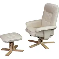 Mendler Relaxsessel H56, Fernsehsessel TV-Sessel mit Hocker Ottomane, Kunstleder Eukalyptus Holz MVG- creme