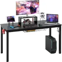 Costway 140cm Schreibtisch Computertisch Gaming Tisch mit Monitorablage, Getränkehalter, Kopfhörerhaken, Korb, Medienablage, verstellbare Fußpolster