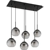 Globo Lighting Hängeleuchte Metall schwarz matt, Glaskugeln rauchfarben, klar verlaufend, Glaskristalle klar, Kabel Textil schwarz, LxBxH: 900x380x1200mm, exkl. 6x E27 40W 230V