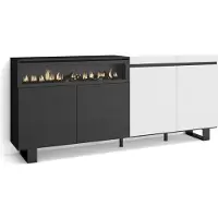 Skraut Home Sideboard, Highboard, 200x87x35cm, 4 Türen, Elektrokamin. Industriedesign, Weiß und Schwarz