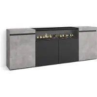 Skraut Home Sideboard, Highboard, 200x35x75cm, 4 Türen, Elektrokamin. farbe Zementgrau und Schwarz