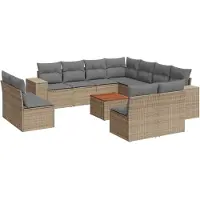 vidaXL 12-tlg. Garten-Sofagarnitur mit Kissen Beige Poly Rattan