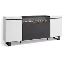 Skraut Home Sideboard, Highboard, 200x35x87cm, 4 Türen, Elektrokamin. Industriedesign, Weiß und Schwarz