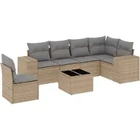 vidaXL 7-tlg. Garten-Sofagarnitur mit Kissen Beige Poly Rattan
