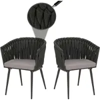 MCW 2er-Set Aluminium-Esszimmerstuhl MCW-N38, Indoor Stuhl Armlehne, Olefin Seilgeflecht Rope anthrazit Kissen hellgrau