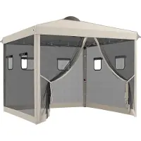 Outsunny Faltpavillon ca. 3x3m Pavillon mit 4 Netzvorhängen, UV-Schutz, Beige