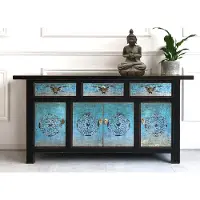 OPIUM OUTLET Chinesisches Sideboard asiatische Kommode Schrank orientalisch Möbel Büffet Anrichte Lowboard Vintage Shabby Chic Landhaus Stil türkis-schwarz