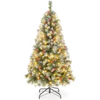 Costway 195 cm Künstlicher Weihnachtsbaum mit Beleuchtung, Schnee, Tannenzapfen und roten Beeren, Tannenbaum mit 8 Beleuchtungsmodi, 420 Warmweißen LED-Lichtern, Christbaum, Kunstbaum Weihnachten