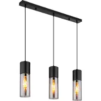 Globo Hängeleuchte Metall schwarz matt, Glas rauchfarben, Kabel Textil schwarz, Höhe kürzbar, LxBxH: 700x90x1200mm, exkl. 3x E27 25W 230V