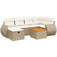 vidaXL 7-tlg. Garten-Sofagarnitur mit Kissen Beige Poly Rattan