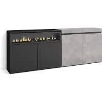 Skraut Home Sideboard, Highboard, 200x35x75cm, 4 Türen, Elektrokamin. farbe Zementgrau und Schwarz