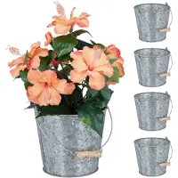 Relaxdays Zinktopf 5er Set, Kräutertopf für Küche, Balkon & Garten, verzinkter Blumeneimer aus Metall mit Henkel, silber