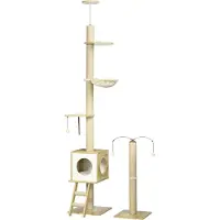 PawHut 2er-Pack Katzenkratzbäume, höhenverstellbar von 225 bis 285 cm, 4 Ebenen – inklusive Höhle, Hängematte, Leiter und Spielzeug – Beige