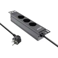 InLine 10" Steckdosenleiste, 3-fach Schutzkontakt, ohne Schalter, 2m, schwarz, 3 AC-Ausgänge, Typ F, Schwarz, Aluminium, Kunststoff, 1U, 2 m