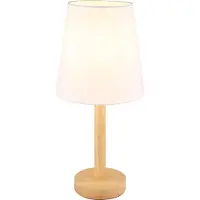 Nowa Tischleuchte Metall Holzoptik, Textil weiß, Kabel PVC schwarz, Wippschalter am Kabel, ø: 200mm, H: 450mm, Kabellänge 1500mm, exkl. 1x E14 25W 230V