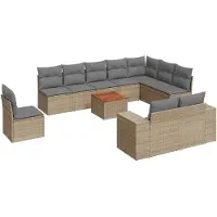 vidaXL 11-tlg. Garten-Sofagarnitur mit Kissen Beige Poly Rattan