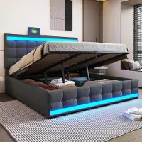 MODFU Polsterbett mit Matratze 180x200 Doppelbett mit Bettkasten,Hydraulisch Stauraumbett mit LED-Beleuchtung,Funktionbett mit USB-Anschlüsse,Grau