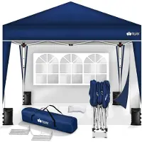 Tillvex Pavillon 3x3m Blau - mit 2 Seitenteilen wasserdicht | Pop-Up Faltpavillon höhenverstellbar | Gartenzelt UV Schutz 50+ | Partyzelt mit Tasche für Garten