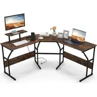 Costway Schreibtisch L-Form, reversibler Eckschreibtisch mit Monitorständer und Ladestation, Gaming Computertisch, Bürotisch Rustikales Braun
