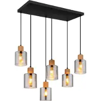 Globo Lighting Hängeleuchte Metall schwarz matt, Holz dunkelbraun, Glas rauchfarben, Kabel PVC schwarz, Höhe kürzbar, LxBxH: 670x330x1200mm, exkl. 6x E27 25W 230V