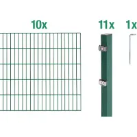 Alberts Doppelstabmatten Zaun, Höhe 200 cm, Länge 20 m, Zaun-Komplettset zum Einbetonieren, grün, Pfosten 60x40 mm
