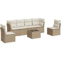 vidaXL 7-tlg. Garten-Sofagarnitur mit Kissen Beige Poly Rattan