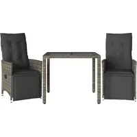 vidaXL 3-tlg. Garten-Bistro-Set mit Kissen Grau Poly Rattan