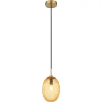 Globo Lighting Hängeleuchte Metall goldfarben matt, Glas amber, Kabel Textil schwarz, Höhe kürzbar, ø: 150mm, H: 1200mm, exkl. 1x E14 40W 230V