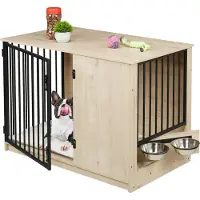 Relaxdays Hundekäfig, für Zuhause, HBT: 65,5x102x60 cm, 2 drehbare Näpfe, Hundebox Holzoptik, MDF & Stahl, grau/schwarz