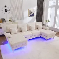 OKWISH Modernes Ecksofa mit LED Ambientebeleuchtung & der USB-C-Port,Loungesofa mit 4 Kissen & ergonomische Premium Rückenlehne,Modulares Sofa,Beige