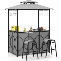 Costway Gartenbar Set, Bartisch mit 2 Barhocker, Metallregalen & Glashalter, Grillpavillon mit Doppeldach, Gartentheke Grau